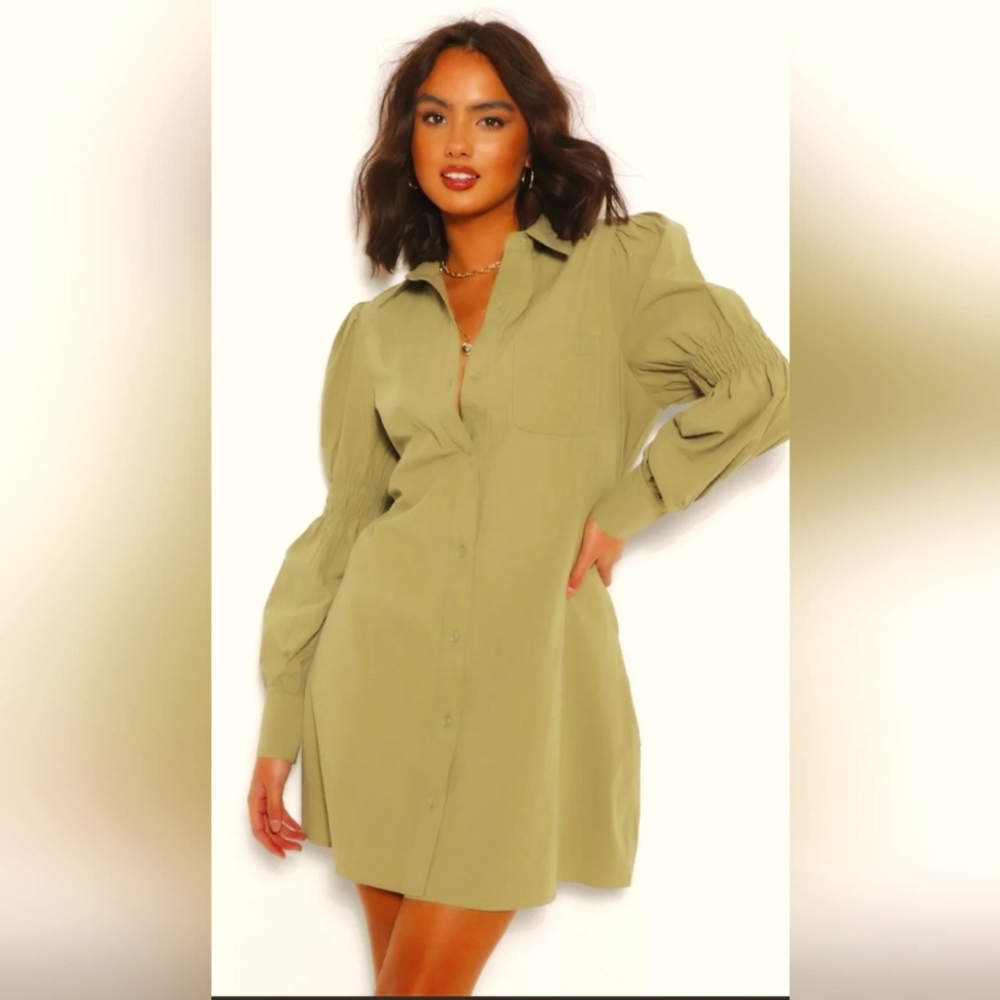 Loden green (khaki) rouched button down oversized shirtdress, SZ US14, UK18
